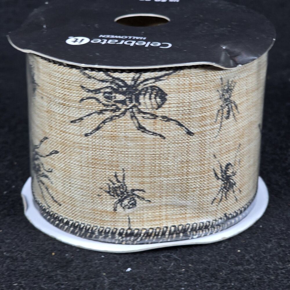 New Celebrate It Halloween Tan Wired Ribbon Black Spiders 2.5in x 6.6yds